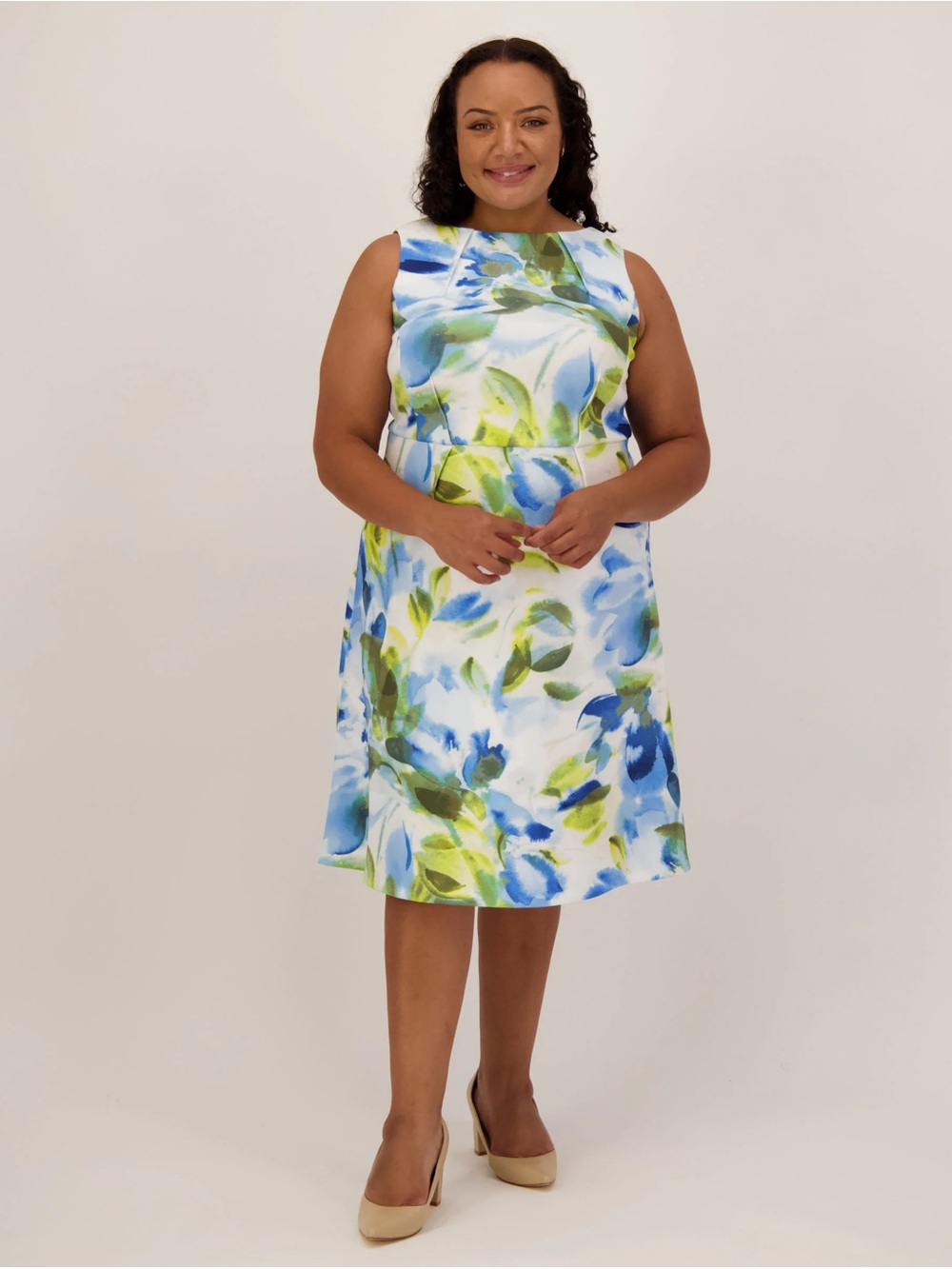 Calvin Klein White Midi Dress with Blue & Green Floral Print